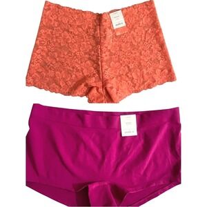 Auden Boyshorts Panty Set Of 2 Coral Floral Lace & Fuchsia Seamless Small NWT